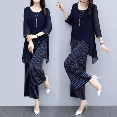 Belly Covering Suit Western Style Two-piece Wide Leg Pants Women's Large Size Fat Loose Slimming Chiffon Top Summer