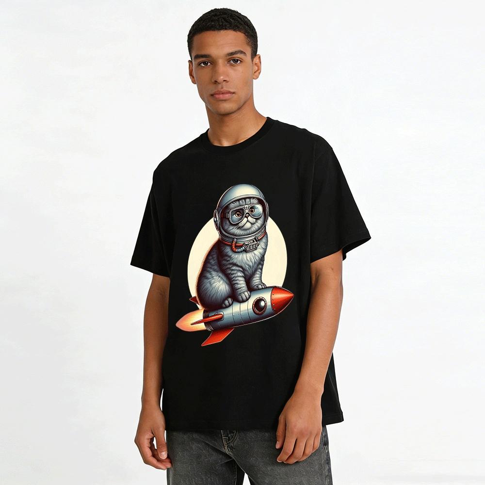 Cute Space Cat Riding Rocket Graphic Print Casual T-Shirt Pure cotton T-shirt