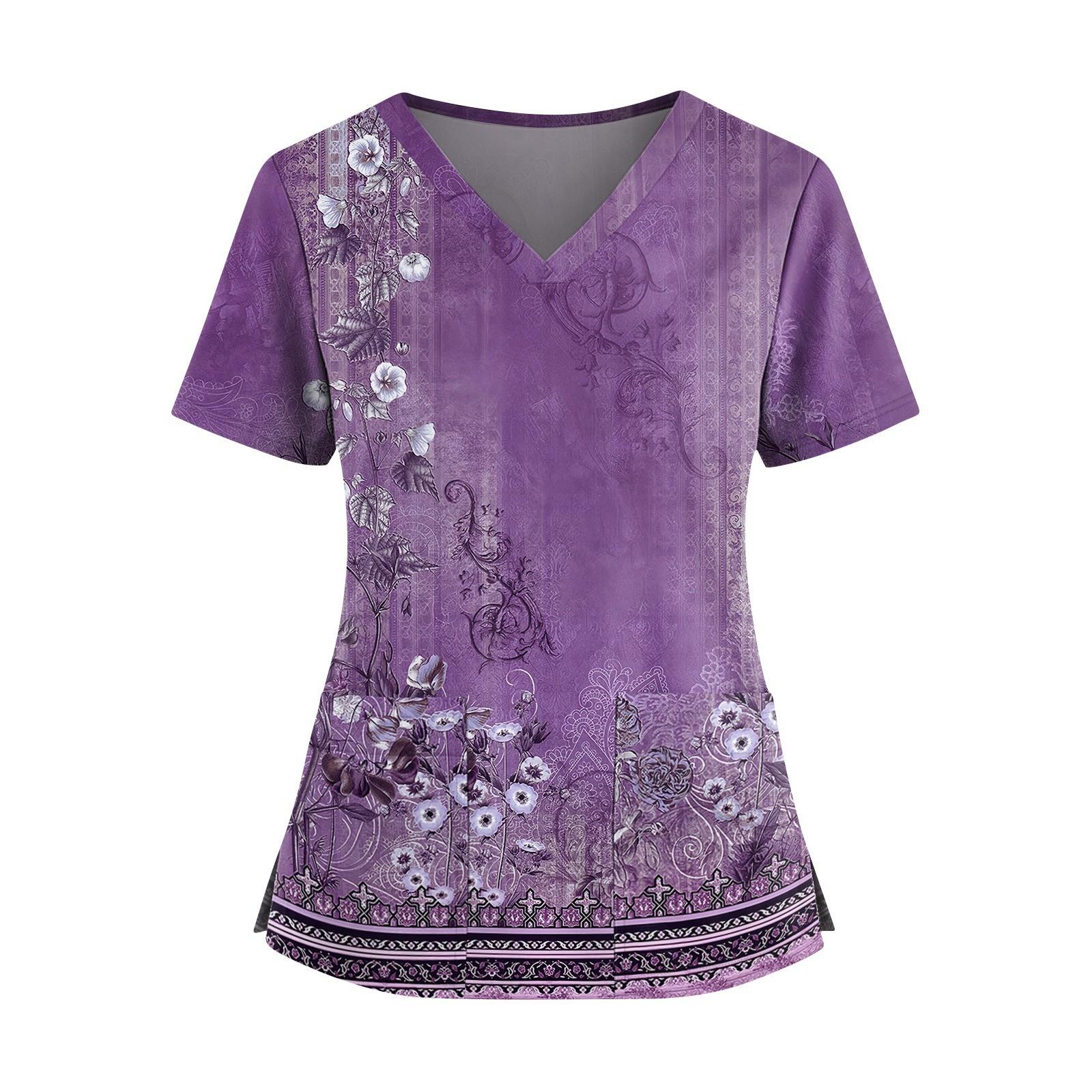 

Женская модная рубашка с принтом, V-образным вырезом, двойным карманом, короткими рукавами и разрезами по подолу, униформа и рабочая блузка XL фиолетовый