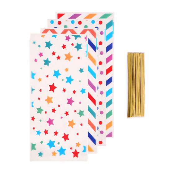 100Pcs Colorful Candy Bags Assorted Dot Stripe Star Pattern Cellophane Treat Bags