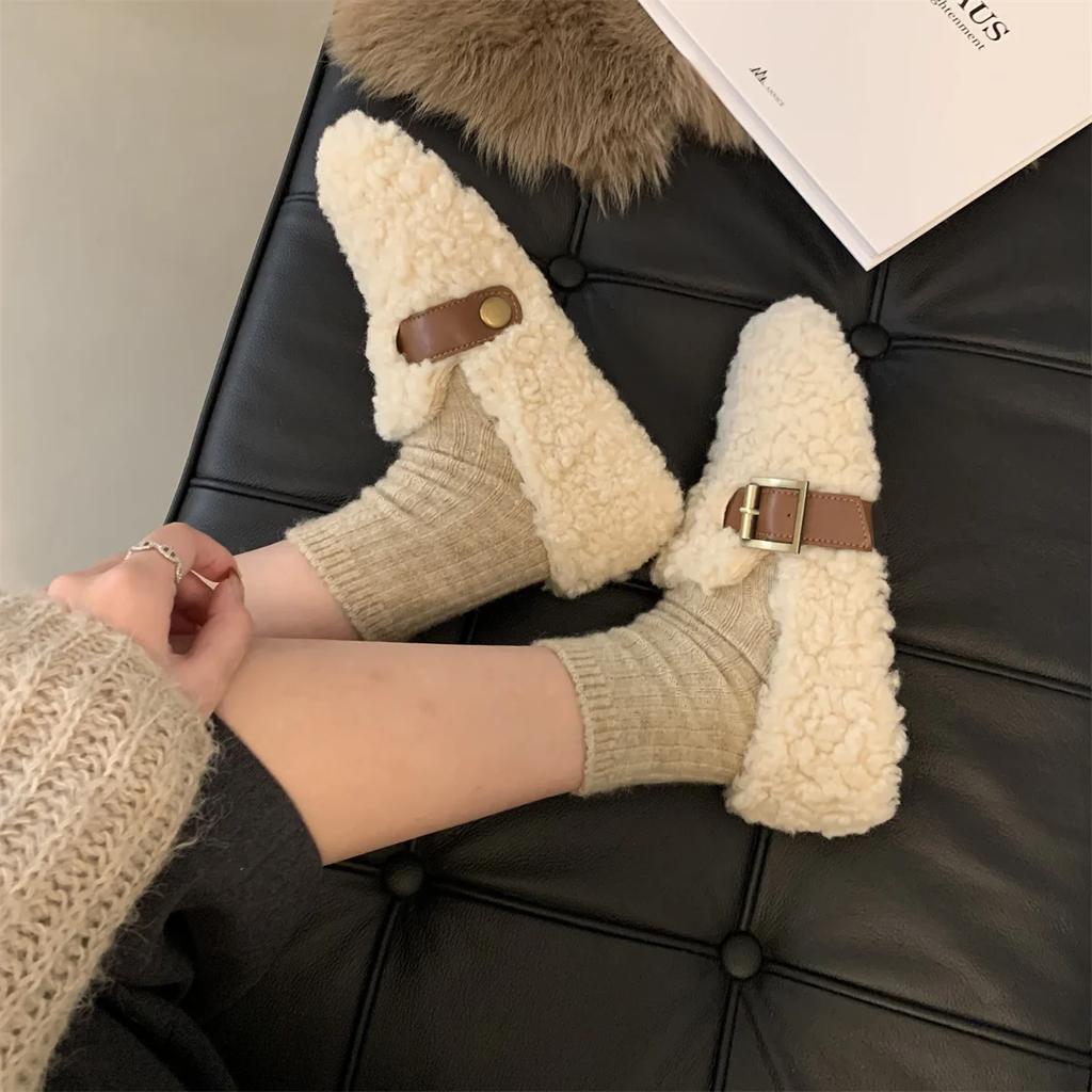 Luxury Sheep Fur Lined Loafers Women Lambswool Shoes Ladies Winter Slip On Furry Flats Cotton Wool Mocasine Femme Barefoot Boots