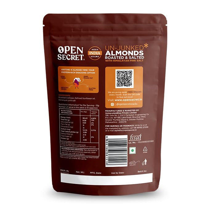 Open Secret Roasted & Salted Almonds | 200g | Dry Fruits, Badam, Premium High Protein Snack & Super Snack, 100% Natural (Pack of 1)