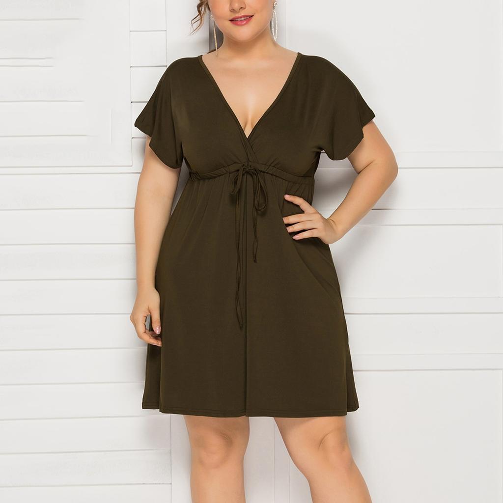 Women's Casual High Waist Belly Concealing V-Neck Drawstring Plus Size Dress