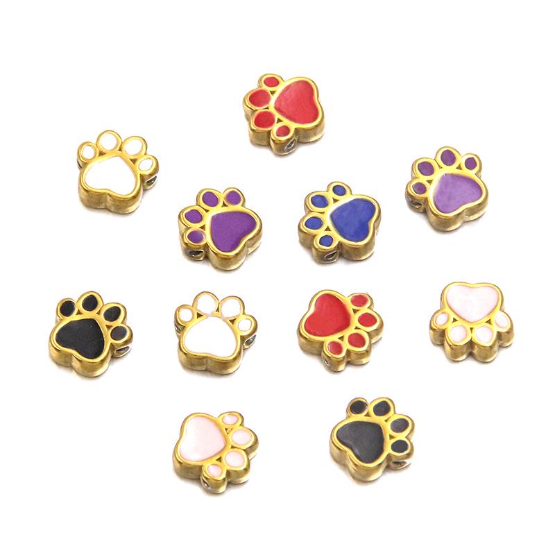 7x7mm Colorful Enamel Animal Paw Print Stainless Steel Spacer Beads for DIY Jewelry