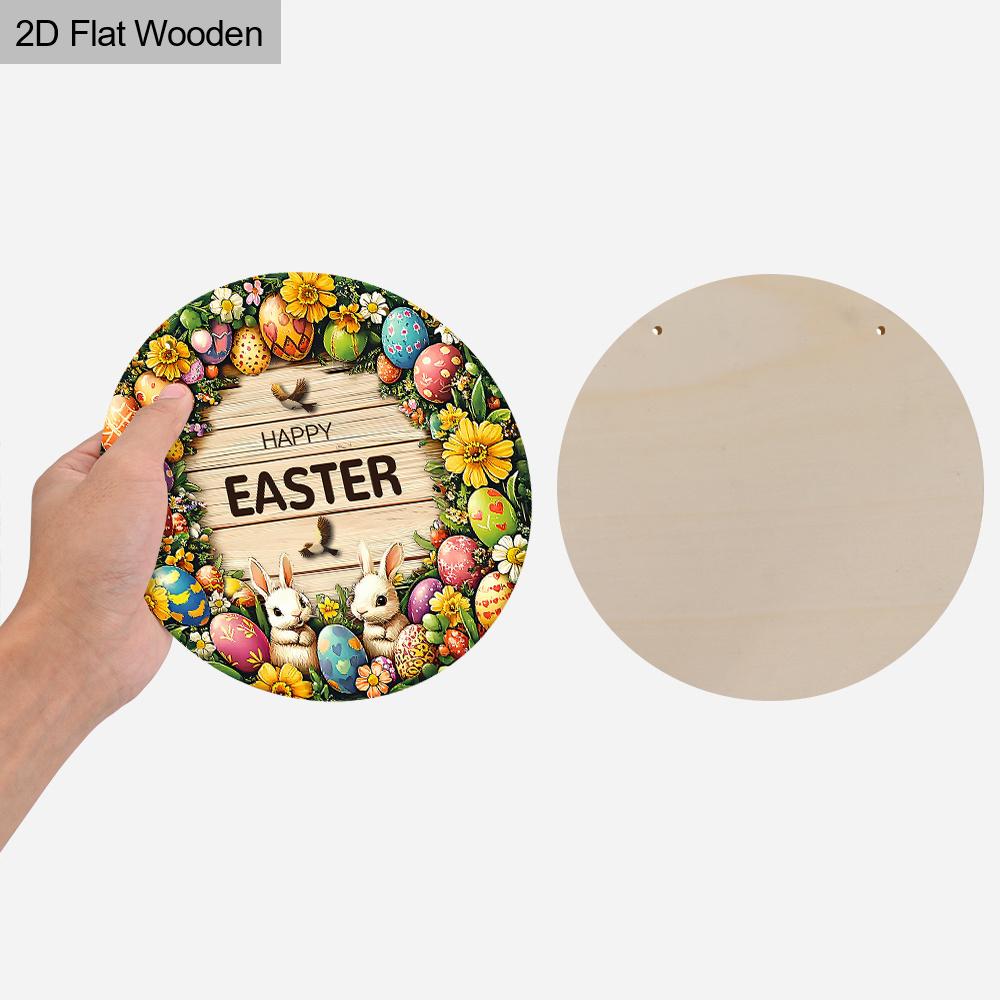 2D Flat 1pc Happy Easter “Egg Wreath” Sign Wooden Round Plaque, Spring Garden Courtyard Balcony Decor, Indoor/Outdoor Statue Wall Hanging Home Decor