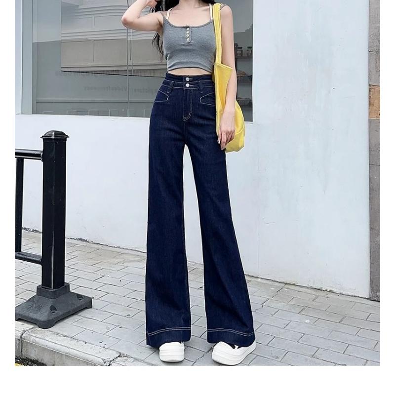 

Женские черные расклешенные джинсы Весна Осень Новые с высокой талией Стройнящие Модные Высококлассные Универсальные Джинсы клеш Длинные брюки-подковы S синий