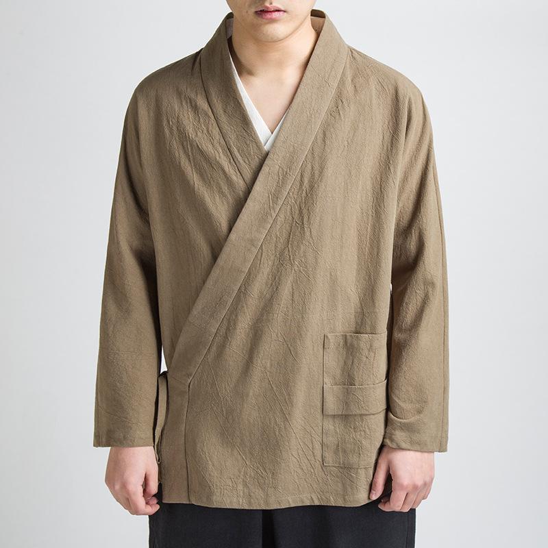 Kinesisk Stil Tang Suit Hanfu Herre Linned Langærmet Diagonal Knaplukning Top Retro Bomuld og Linned Jakke Zen Lægmandskåbe