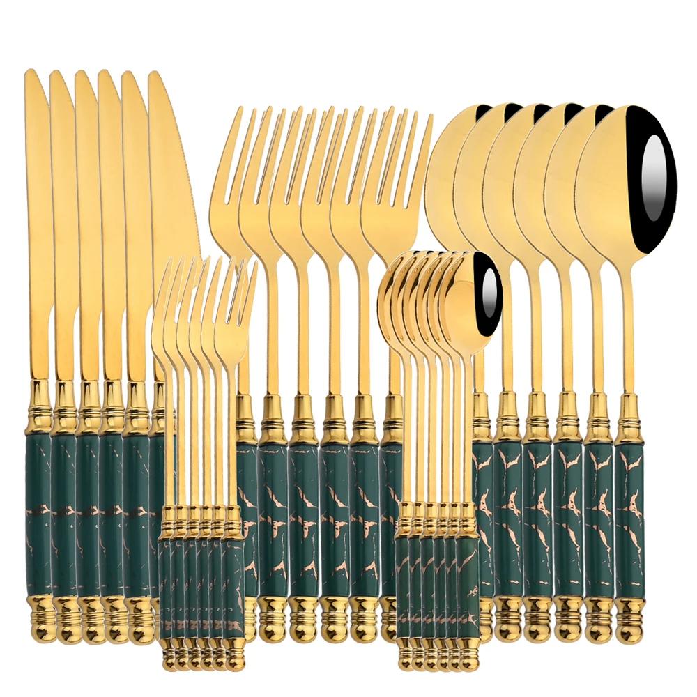 30Pcs Tableware Set Mirror Ceramic HandleGold Flatware Fork Spoon Knife Set Stainless Steel Dinnerware Cutlery Set Dinner Set