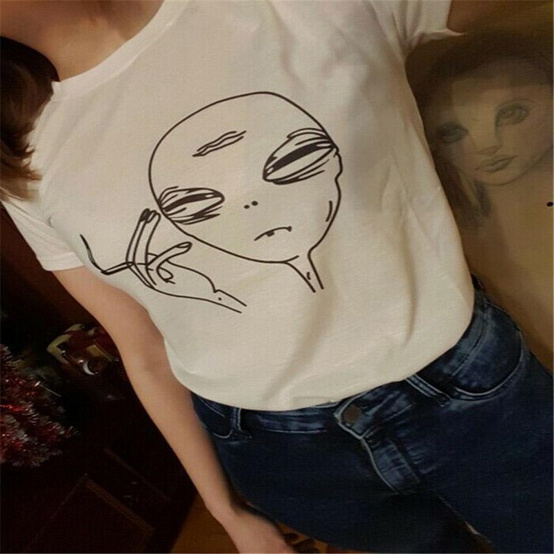 Premium Quality Alien Smoking T-shirt Funny Graphic Print Tees For Women