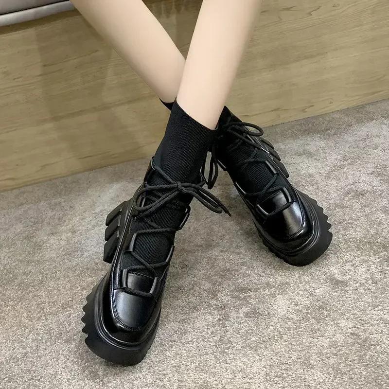 sales Black Wedges Platform Sock Boot Woman Fashion Lace Up High Heels Shoes Elastic Knitting Chunky Ankle Boots for Women