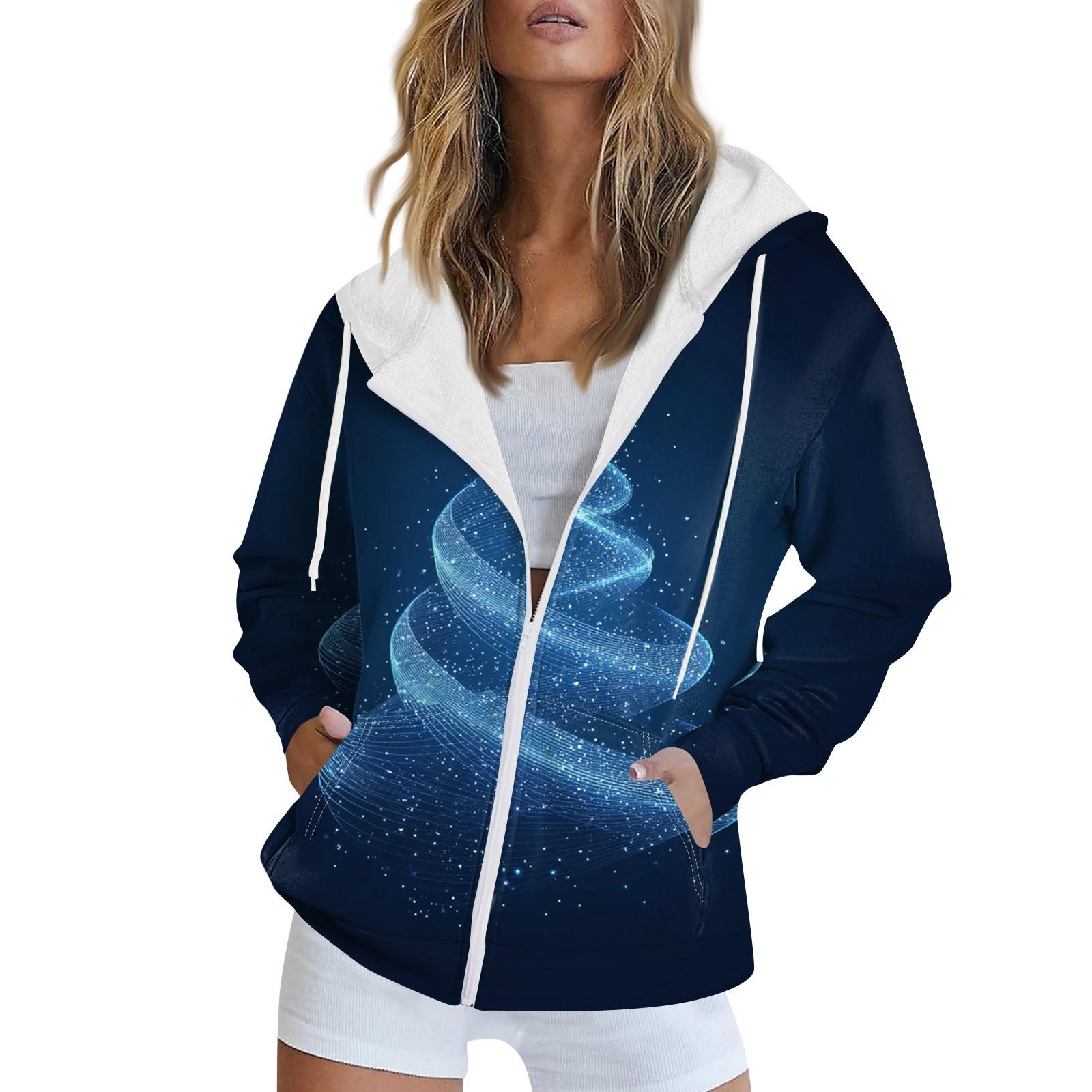 

Жіночий світшот з різдвяним принтом, зимовий кардиган з довгим рукавом і кишенями, верхній одяг на блискавці L рожевий