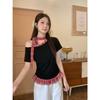 Summer Sweet Babes Retro Plaid Splicing Chic Short Sleeves Fashion Waist Thin Versatile Small Top Women