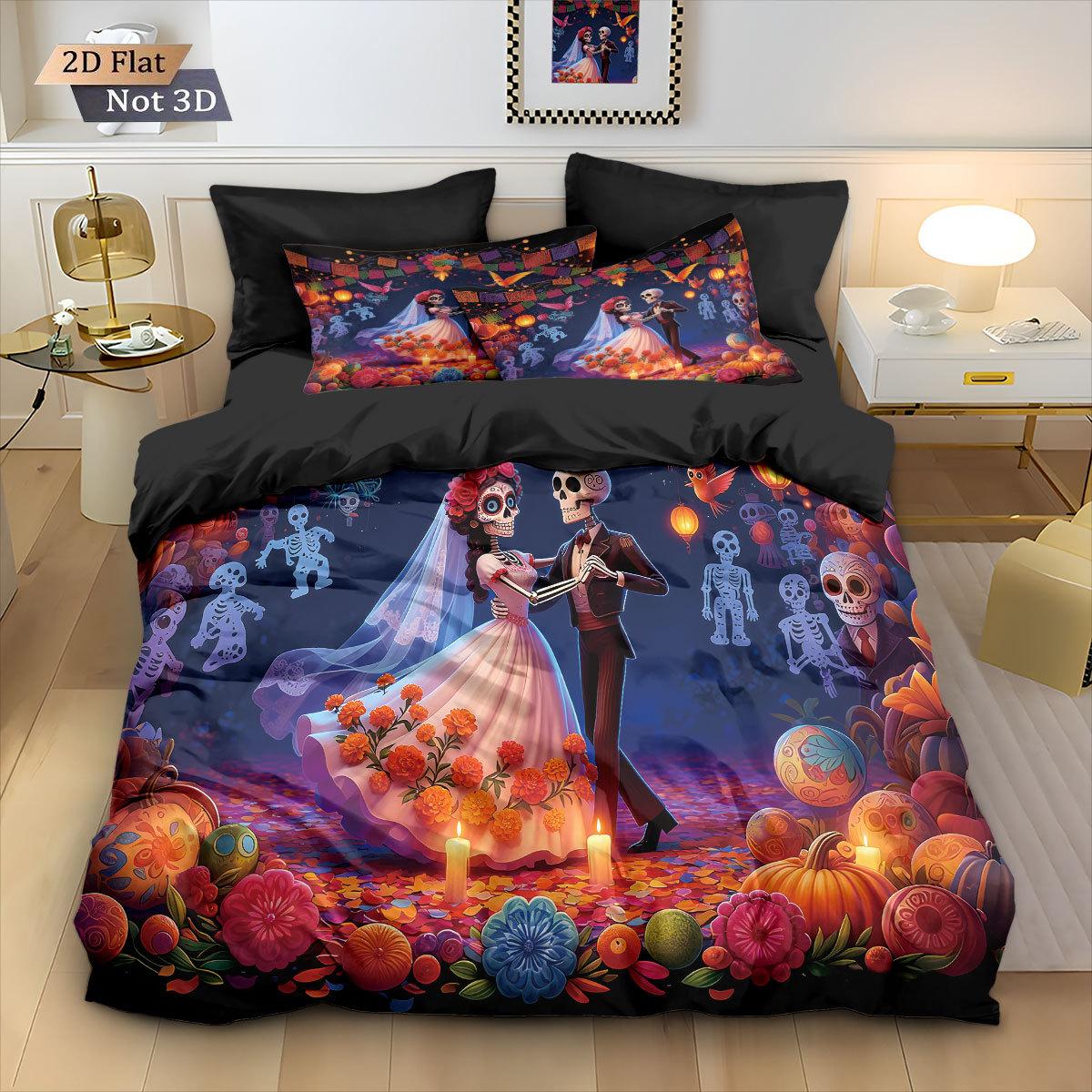 Skull Flowers Bedding Set Skull Retro Print Duvet Cover Pillowcase Co Co Room Decoration Quilt Cover Single Double Large Size 100x135cm-2pcs