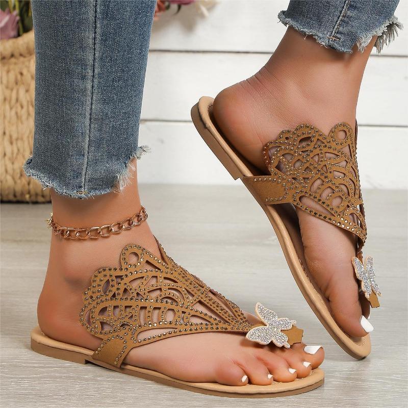 Large Size Butterfly Rhinestone Herringbone Slippers for Women's Casual Hollow Roman Fish Mouth Slippers