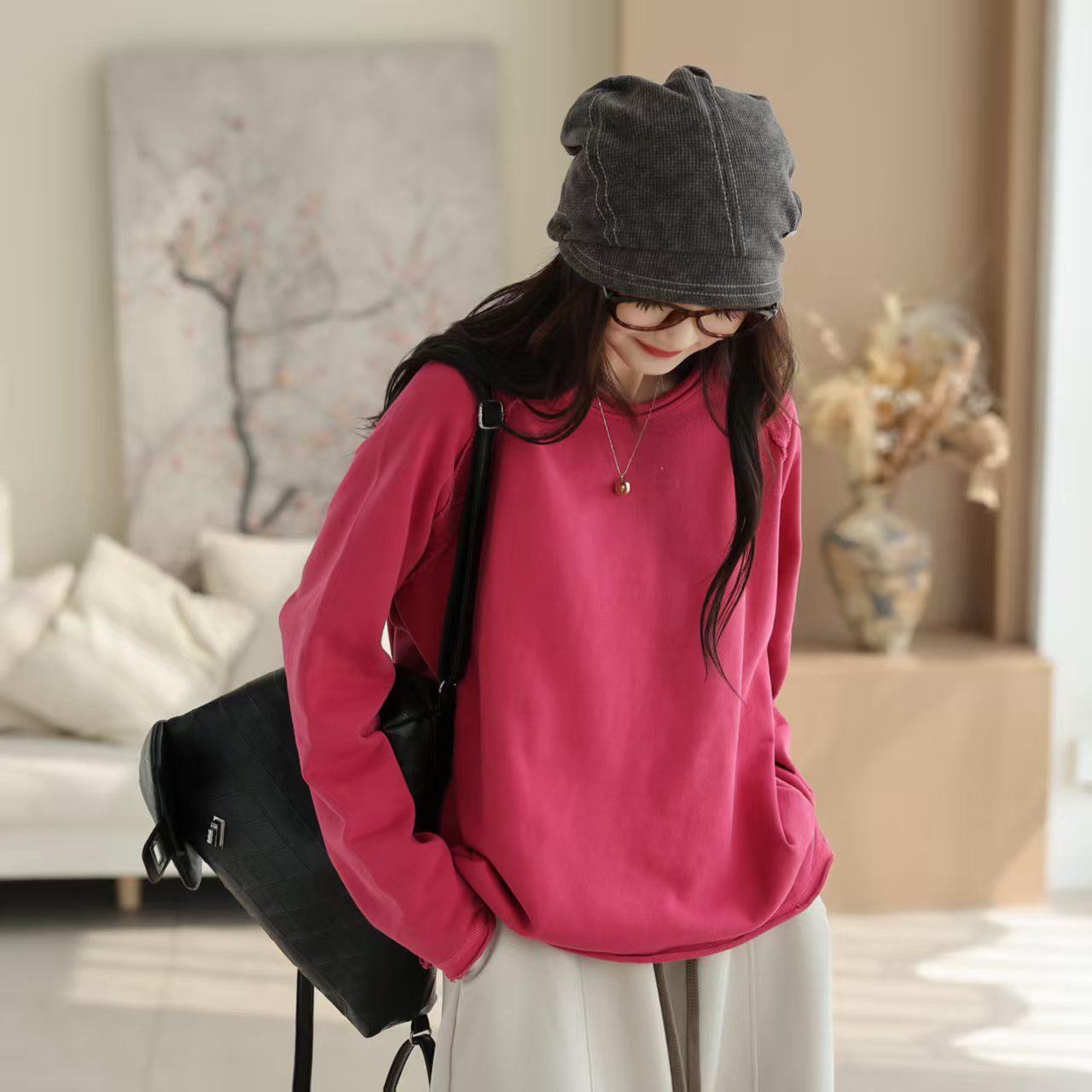 2026 Spring Cotton Terry Patchwork Plus Size Raglan Sleeve Loose Sweatshirt Medium светло-синий