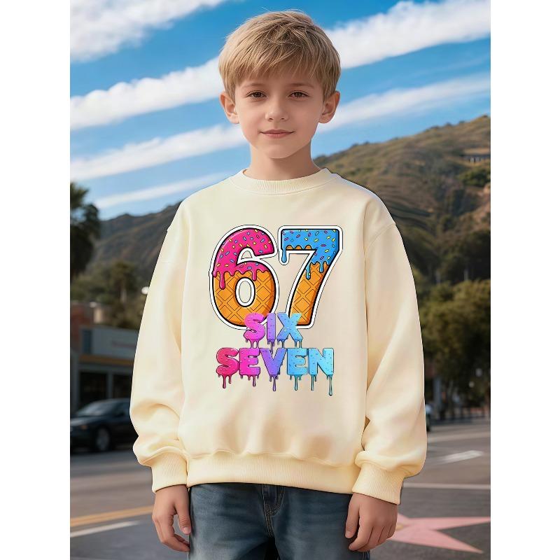 Unisex Kids Crewneck Sweatshirt, Ice Cream Waffle Cone 67 Print Long Sleeve Pullover, Boys Girls Birthday Sweatshirt For Kids Over 4 Years Old