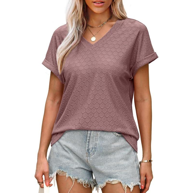 VEZFAA Camicette e camicie con scollo a V a maniche corte con stampa tinta unita primavera estate casual alla moda da donna
