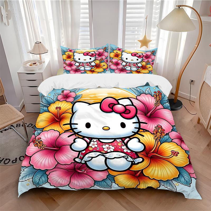 3pcs Hello Kitty in Tropical Paradise Bedding Set - Includes 1 Quilt Cover and 2 Pillowcases, Comfortable Bedding with Stylish Design for Be