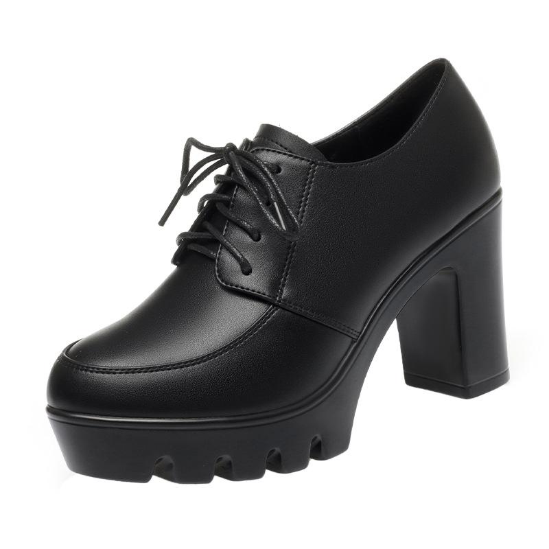 Spring and Autumn soft leather women's shoes black waterproof table high heel platform women's lace-up single shoes mother leather shoes