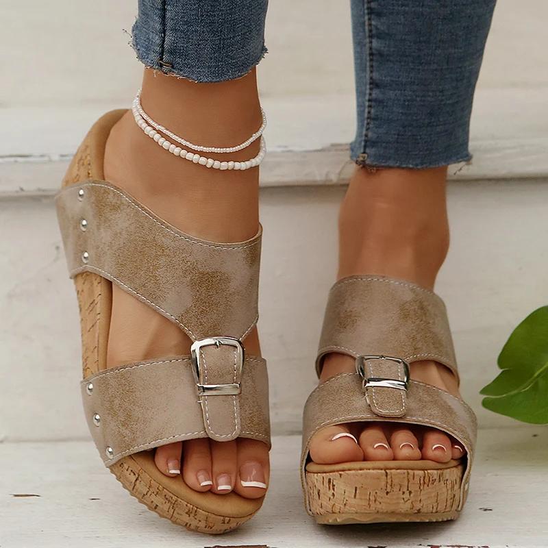 

Fashion Fashion Buckle Wedge Heels Slippers Women Summer Thick Bottom Platform Sandals Woman Plus Size Comfortable Beach Sandals Female 43 хаки