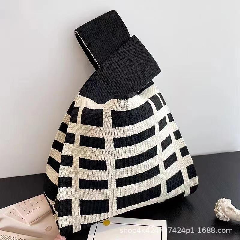 Dames Knoop Polstas Tote Handgemaakte Gebreide Tas Draagbare Mini Gestreept Emmer Telefoon Tassen Grote Capaciteit Herfst Winter Handtassen gray