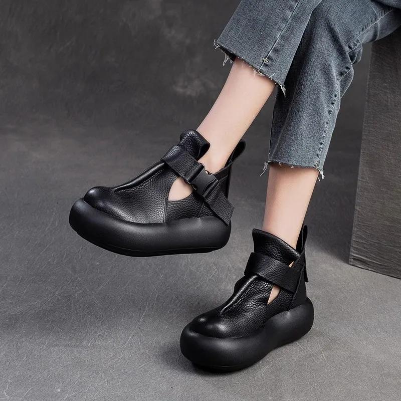 Fashion Shoes for Women 2024 Retro Round Toe Women's Roman Sandals High Quality Leather High Top Sandals Casual Fashion Platform Sneaker