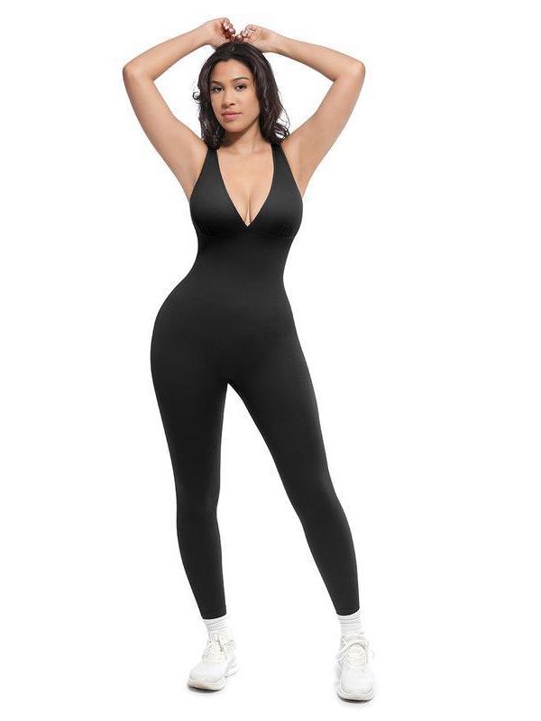 High Elasticity Fitness Sleeveless V-neck Tummy Control Yoga Jumpsuit for Women