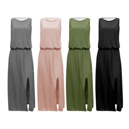 Rochie de Plajă pentru Femei Gât Rotund Fără Mâneci Elastic Talie Înaltă Rochie Maxi cu Buzunare Culoare Solidă Tiv Crăpat Rochie Lungă