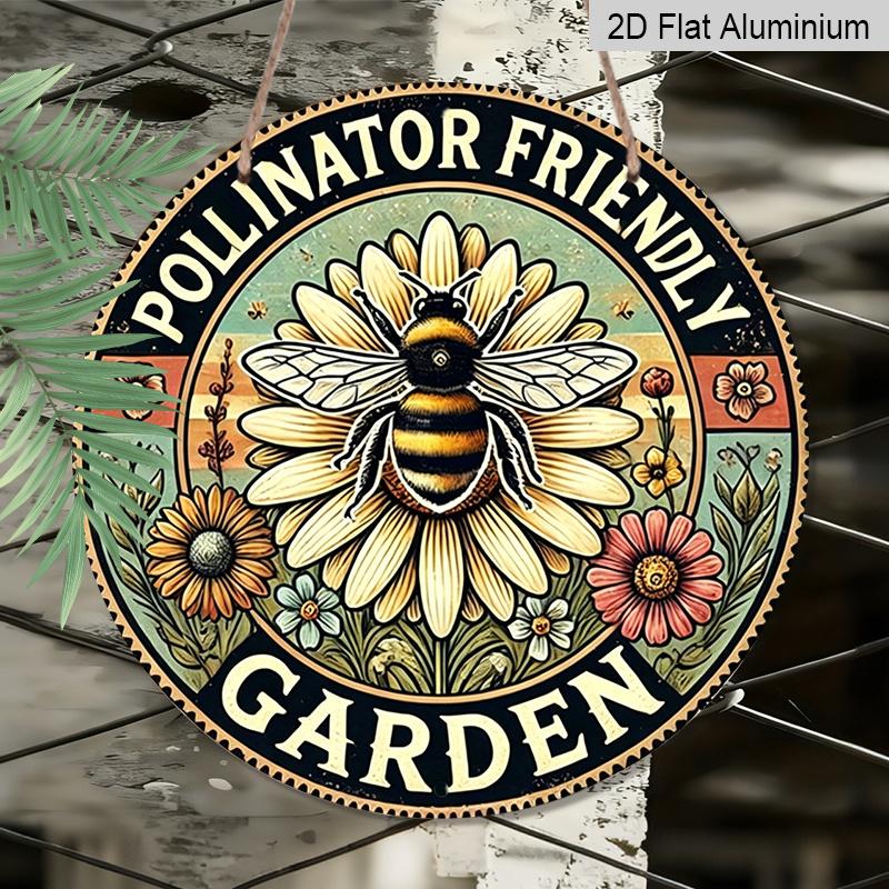 2D Flat, 1pc Vintage Bee & Floral Metal Wall Art Sign - Rustic Pollinator Garden Round Aluminum Plaque, Perfect for Garden, Yard, Patio, Porch
