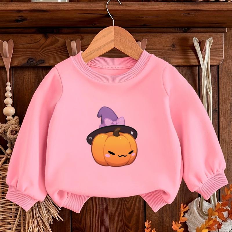 Kids Crewneck Long Sleeve Sweatshirt,Cartoon Pumpkin Wearing Wizard Hat Graphic Print