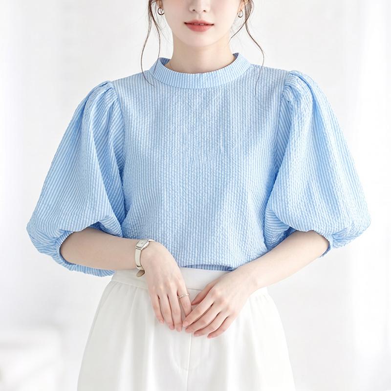 ZANZEA Women Casual Stand Collar Loose Half Sleeve Stripe Blouse S