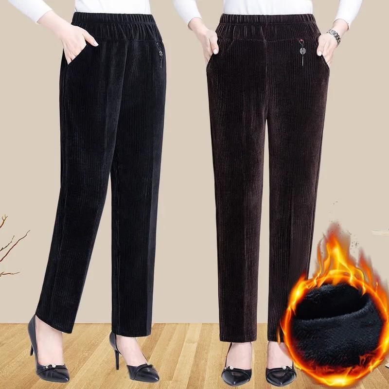 Women Autumn Winter Fleece Thicken Straight Pants Plus Size Corduroy Pants Middle-age Loose Warm Casual Trousers
