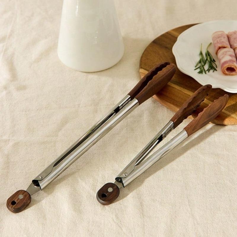 Stainless Steel Food Clip Walnut Wooden Handle Multifunctional Heat-Resistant Tongs Anti-Scald Kitchen Tool for Grilling Frying