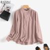 ZANZEA Kvinner uformelt stativ krage ensfarget langermet bluse