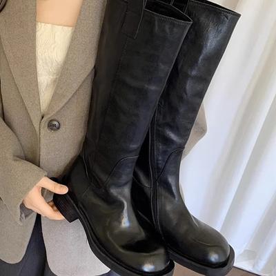 Autumn and Winter Footwear Retro Thick-heeled Thick-soled Boots Women's Soft Skin But Knee-high Boots Are Slim