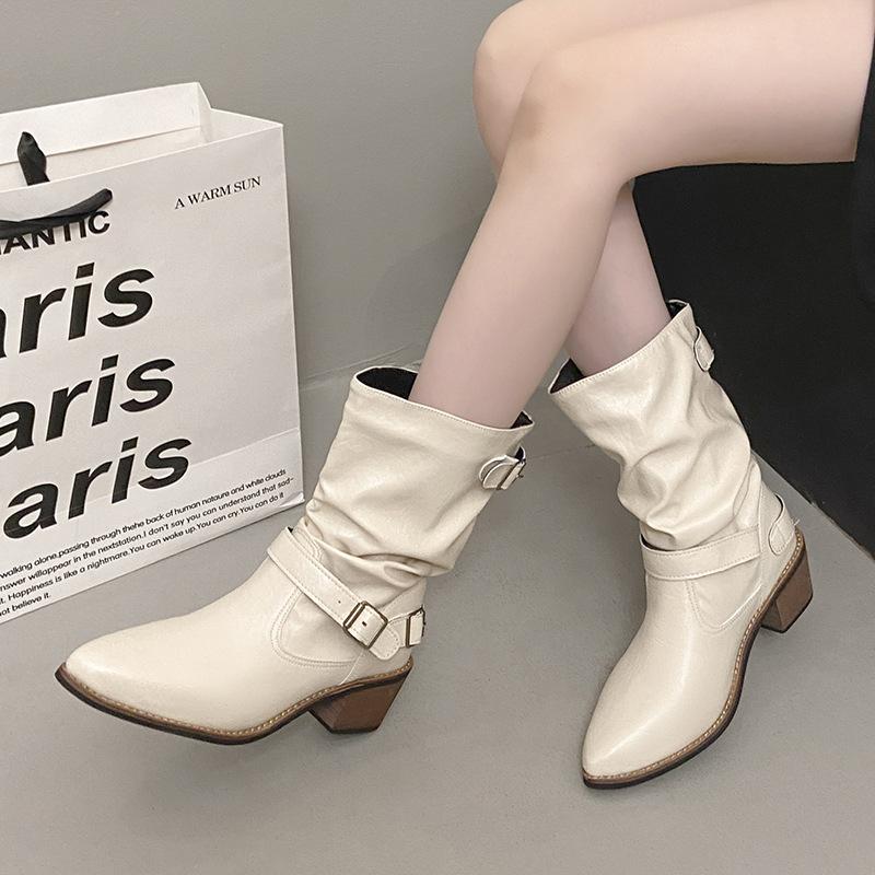 Spitze dicker Absatz weiße kurze Stiefel Damen 2025 neu britischer Stil Gürtelschnalle Martin Stiefel Temperament mittlerer Schaft Stiefel mit Blockabsatz