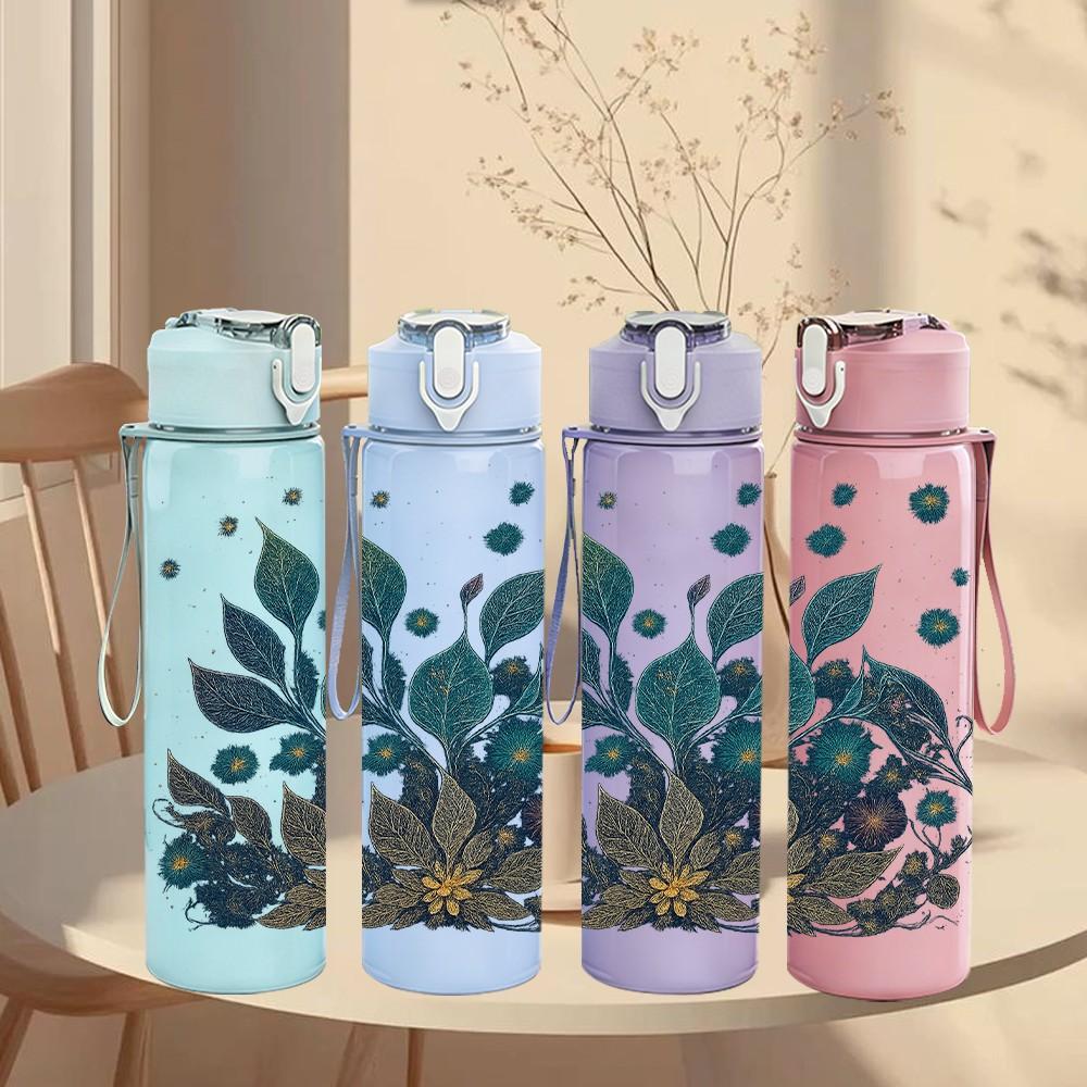 1PC Dark Teal Leaf Botanical Art Print 750ml Color Plastic Sports Water Bottle Leakproof Flip Straw Lid Suitable for Sports Office Home Use