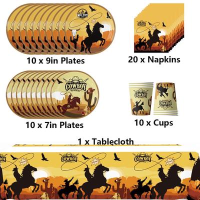 New 51PCS Western Cowboy Party Decorations Including Plates Cups Napkins Tablecloth