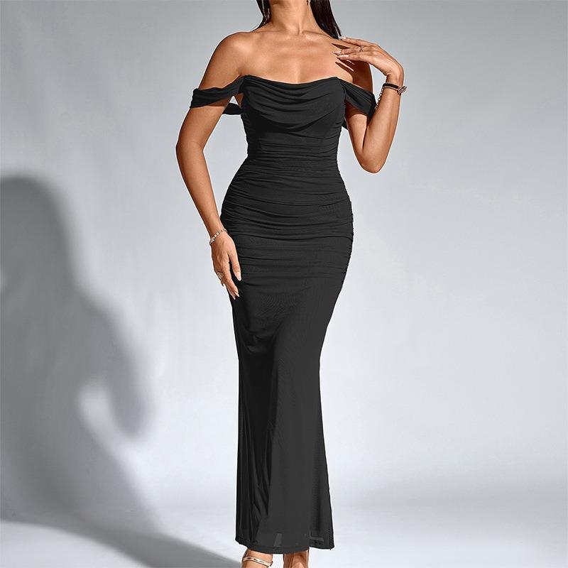 Fishbone mesh pleated dress European and American sexy backless one-word shoulder tight hip-wrapped dress long dress