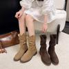 Martin Boots Short Boots Western Summer and Autumn Brown Denim Pile Women's Thick Heel High Heel Sichuan-Tibet Boots 2025 Medium Tube New