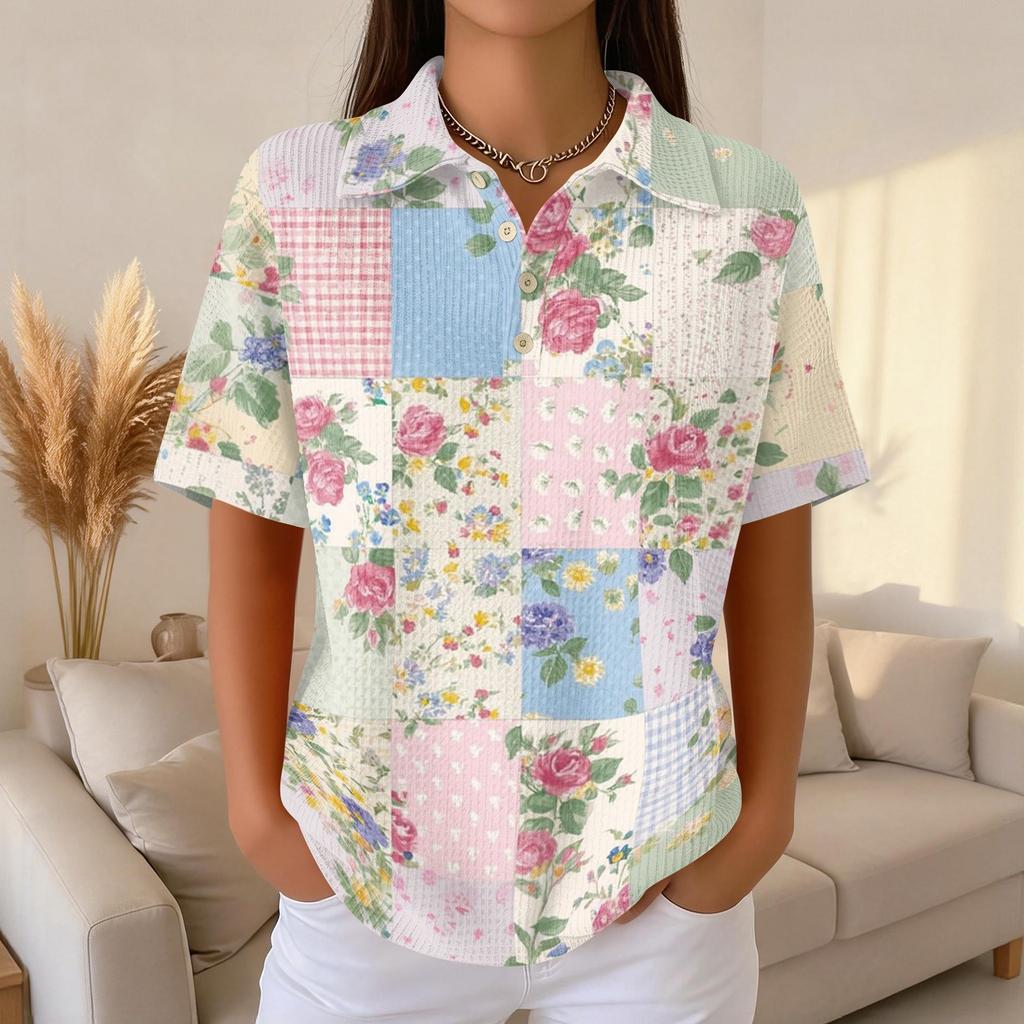 Damen Lässiges Kurzarm Waffelstrick Poloshirt Knopfleiste Patchwork Blumenprint Leichtes Oberteil