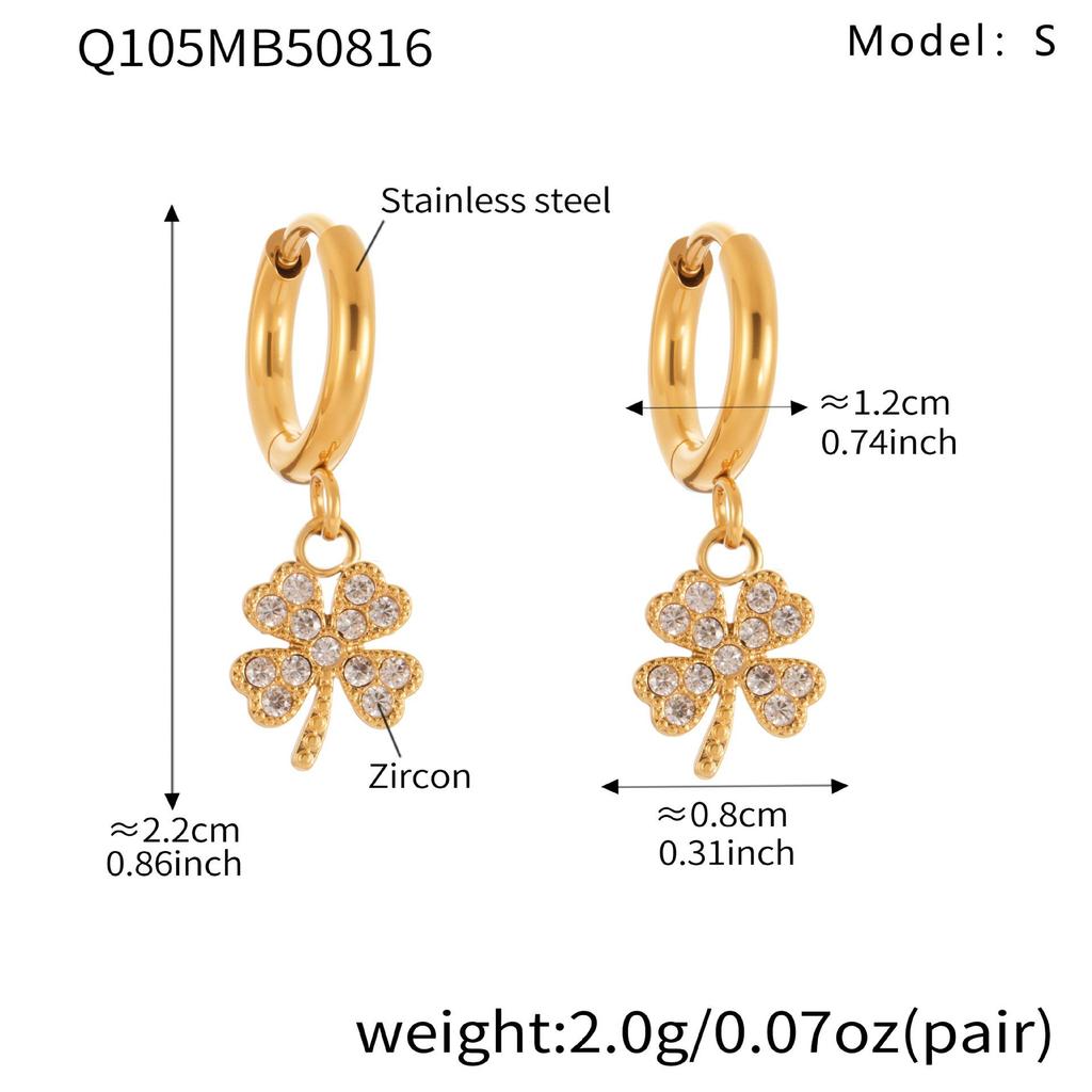 Qiong Yao 5A Zircon Four-Leaf Clover Pendant & Flower Ear Studs Hoops, PVD Gold-Plated Titanium Steel Jewelry.