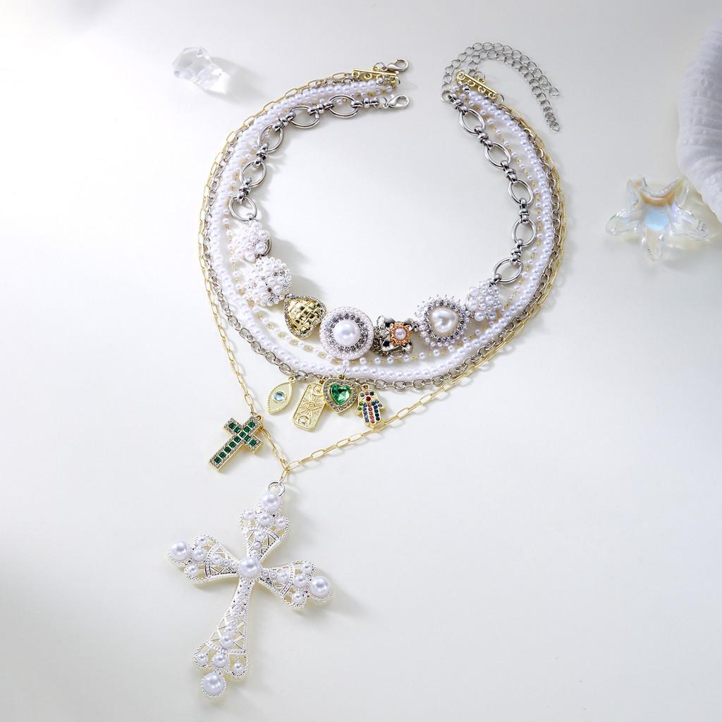 Style Layered Cross Pendant Necklace With Rhinestone Embellishments For Women