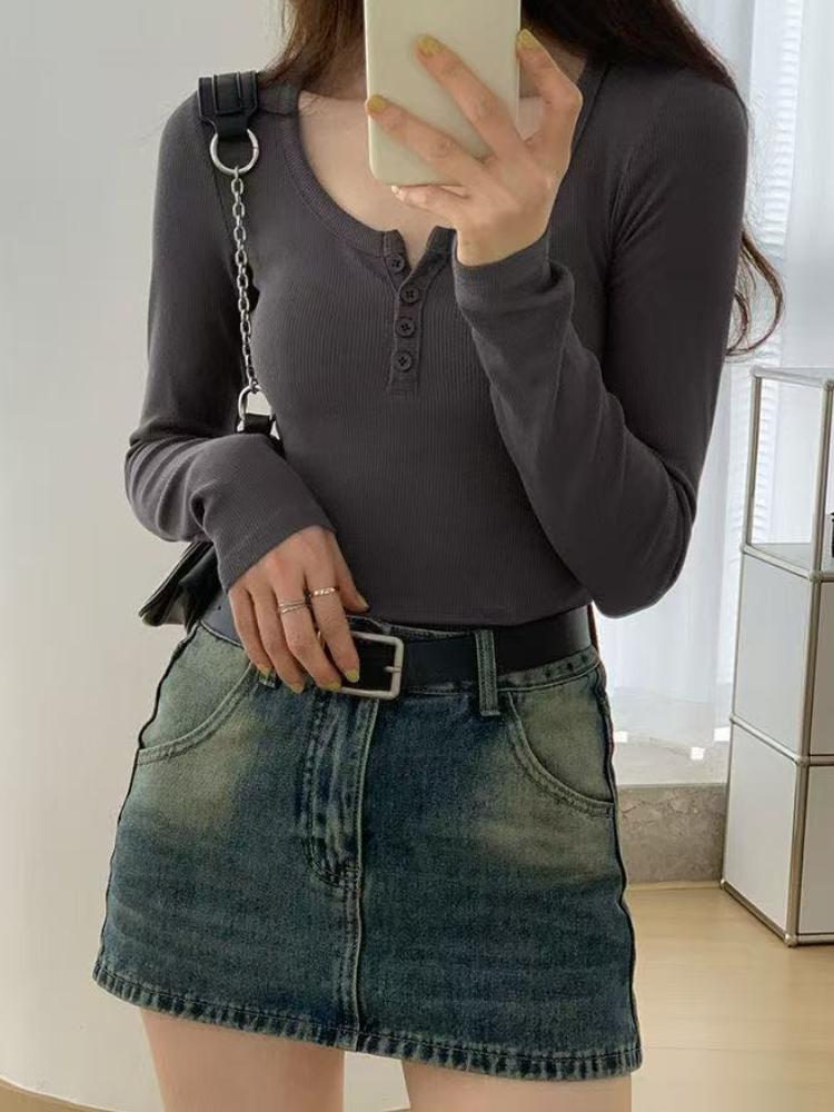 Korea Chic U-collar Base Bottom T-shirt Women Casual Long Sleeves Sweet Slim Tees Harajuku Solid Elegant Clothing Winter Winter