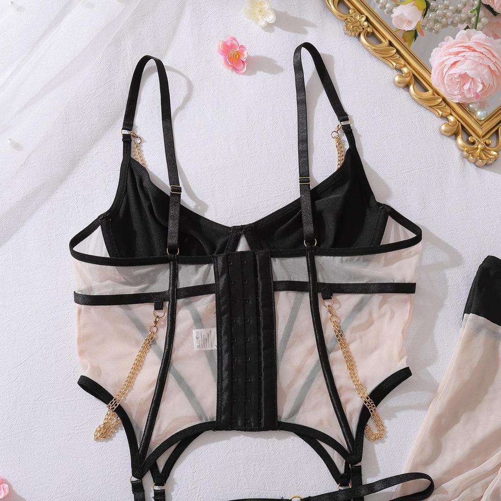 Damen Sexy Dessous-Set, Mit Metallkette Verziert, Durchsichtiges Netz Slim Fit Outfit Mit Strümpfen