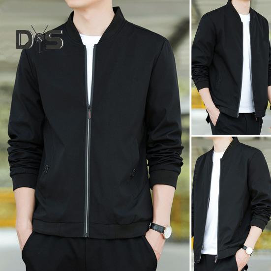 Men Baseball Coat Stand Collar Long Sleeve Zipper Placket Casual Outwear with Pockets Loose Fit Work Gym Jacket