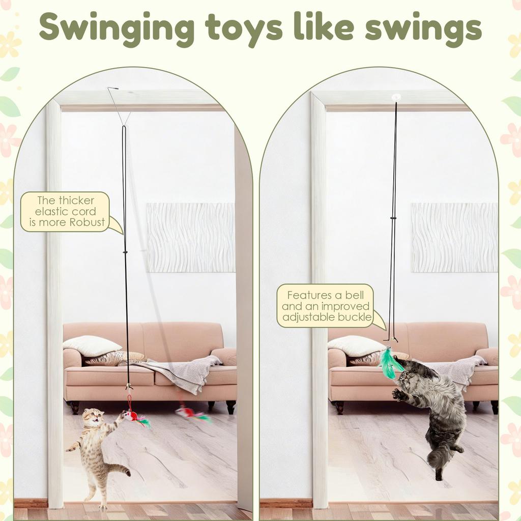 Interactive Cat Feather Toy Indoor Cat Teaser Stick with 2 Wand 11 Feather Toy Suction Cup and 2 Type Of Door Hanging Cat String