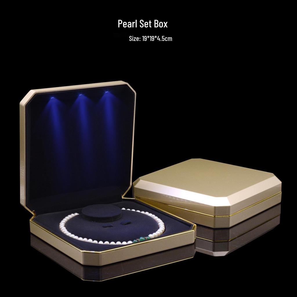 Gold LED Jewelry Set: Necklace & Pearl Three-Piece in Champagne Box