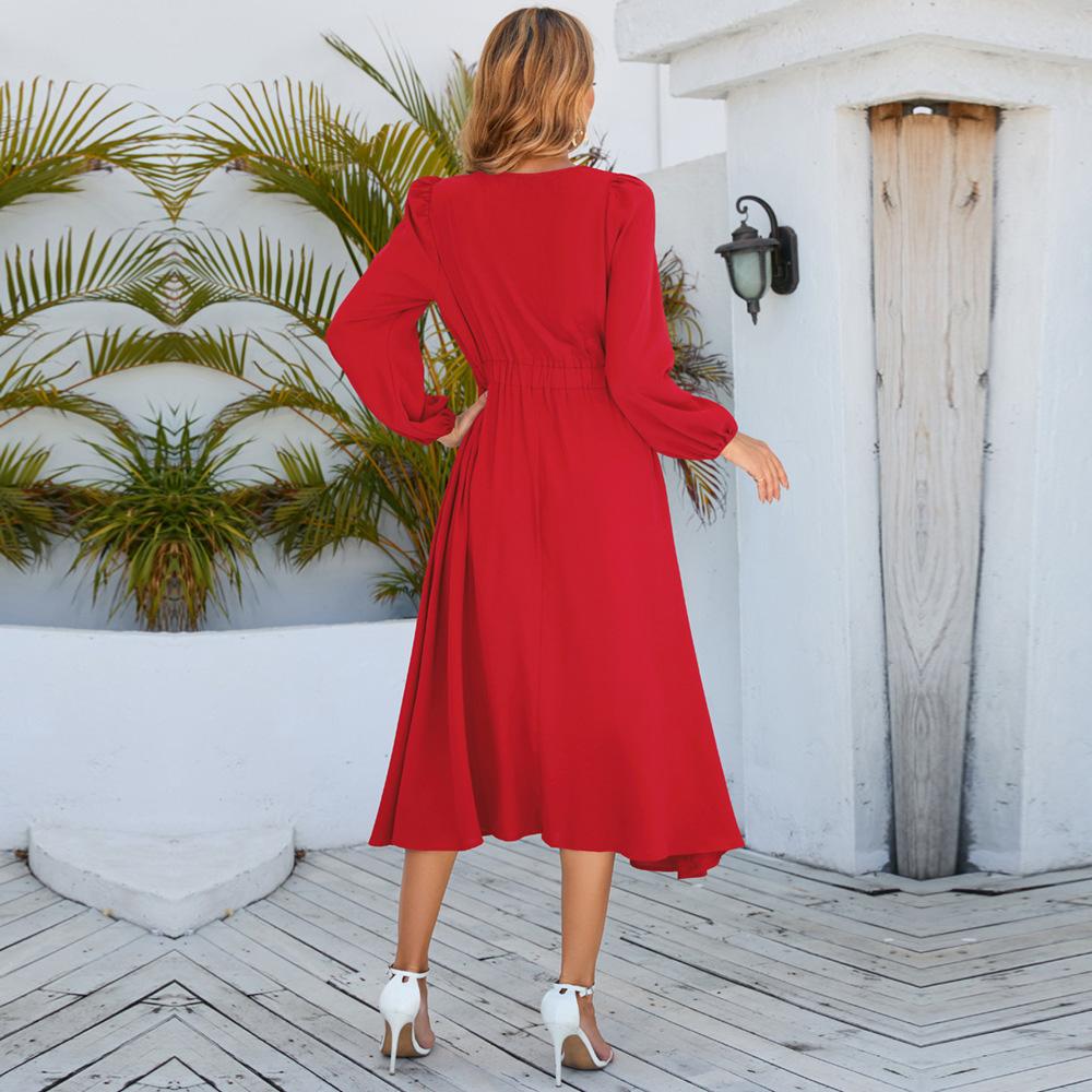 Dámské Podzim Zima O Neck Mašlička Jednobarevné Šaty S-XXL s vysokým pasem a dlouhým rukávem