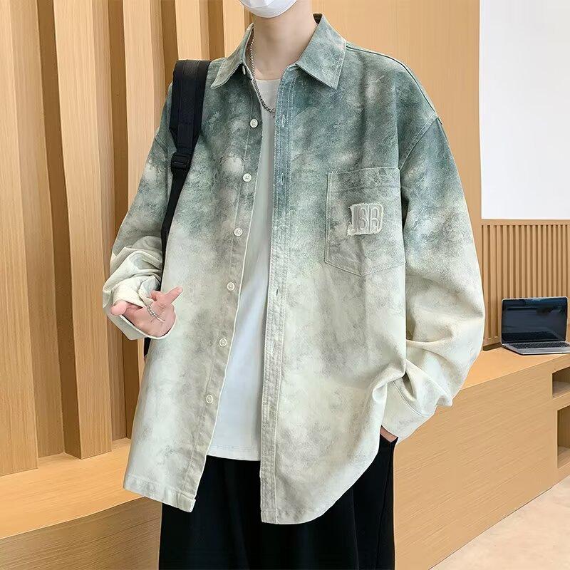 Men Loose Large Size Gradient Turn Down Collar Long Sleeve Casual Shirt Jacket